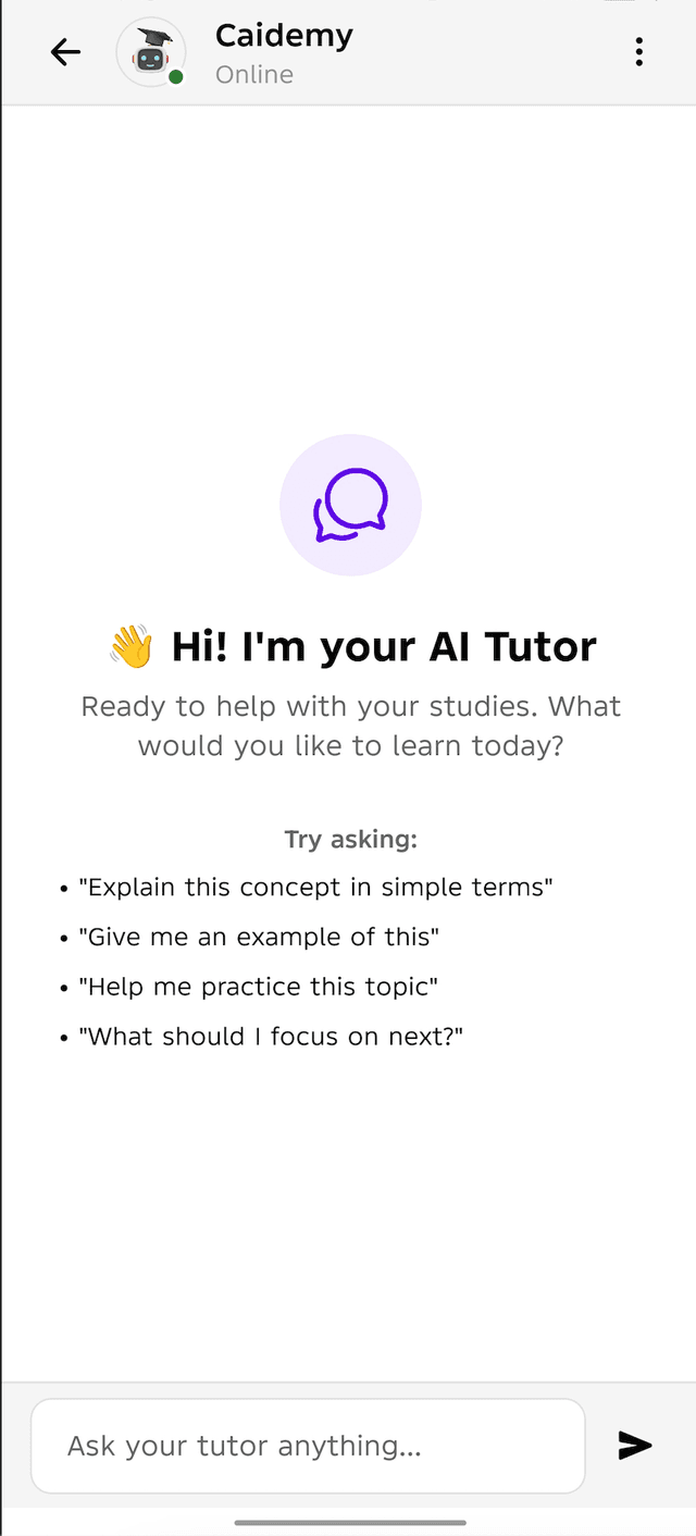 Caidemy AI tutor chat interface showing personalized learning conversations