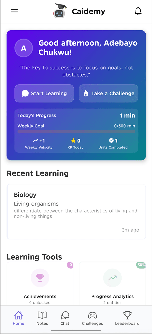 Caidemy AI tutor mobile app interface showing personalized learning dashboard